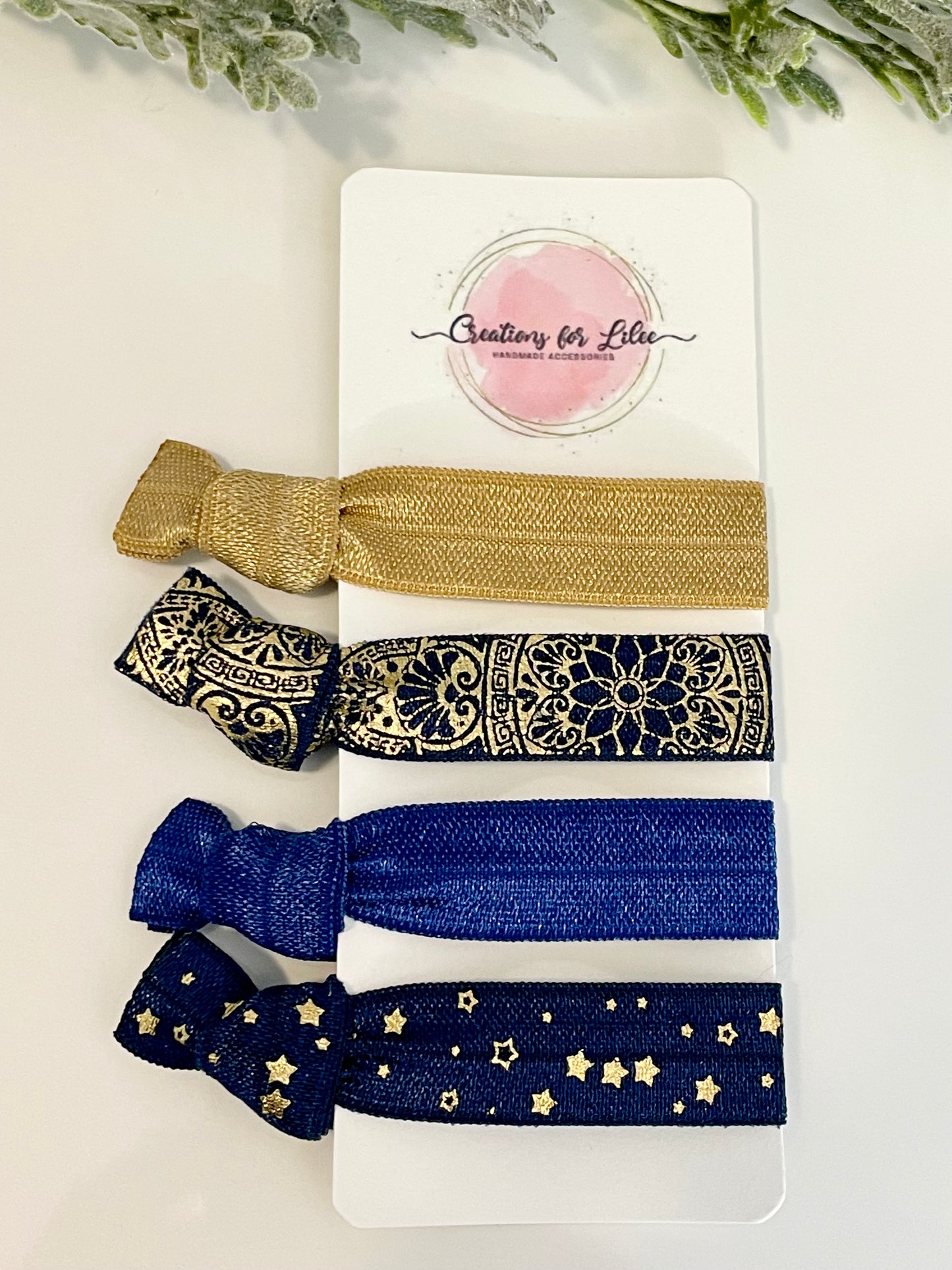 No Crease Hair Elastics - Navy & Gold